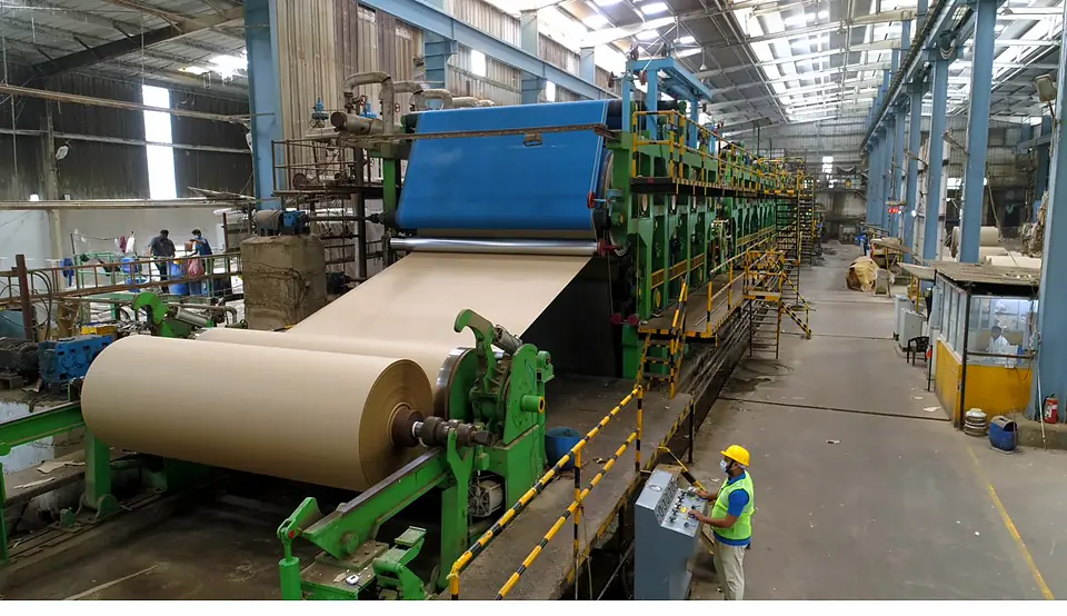 Paper machine hall with a kraft paper reel