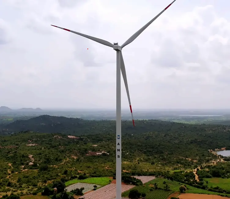 Aerial view of the ANS Paper Mills 2.7 MW wind turbine at Vemgal